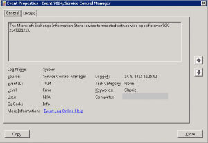 The Microsoft Exchange Information Store service terminated with service-specific error %%-2137221213