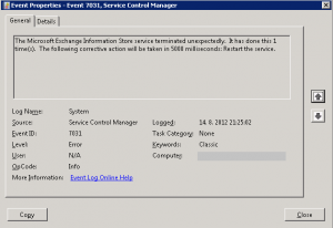 The Microsoft Exchange Information Store service terminated unexpectedly.